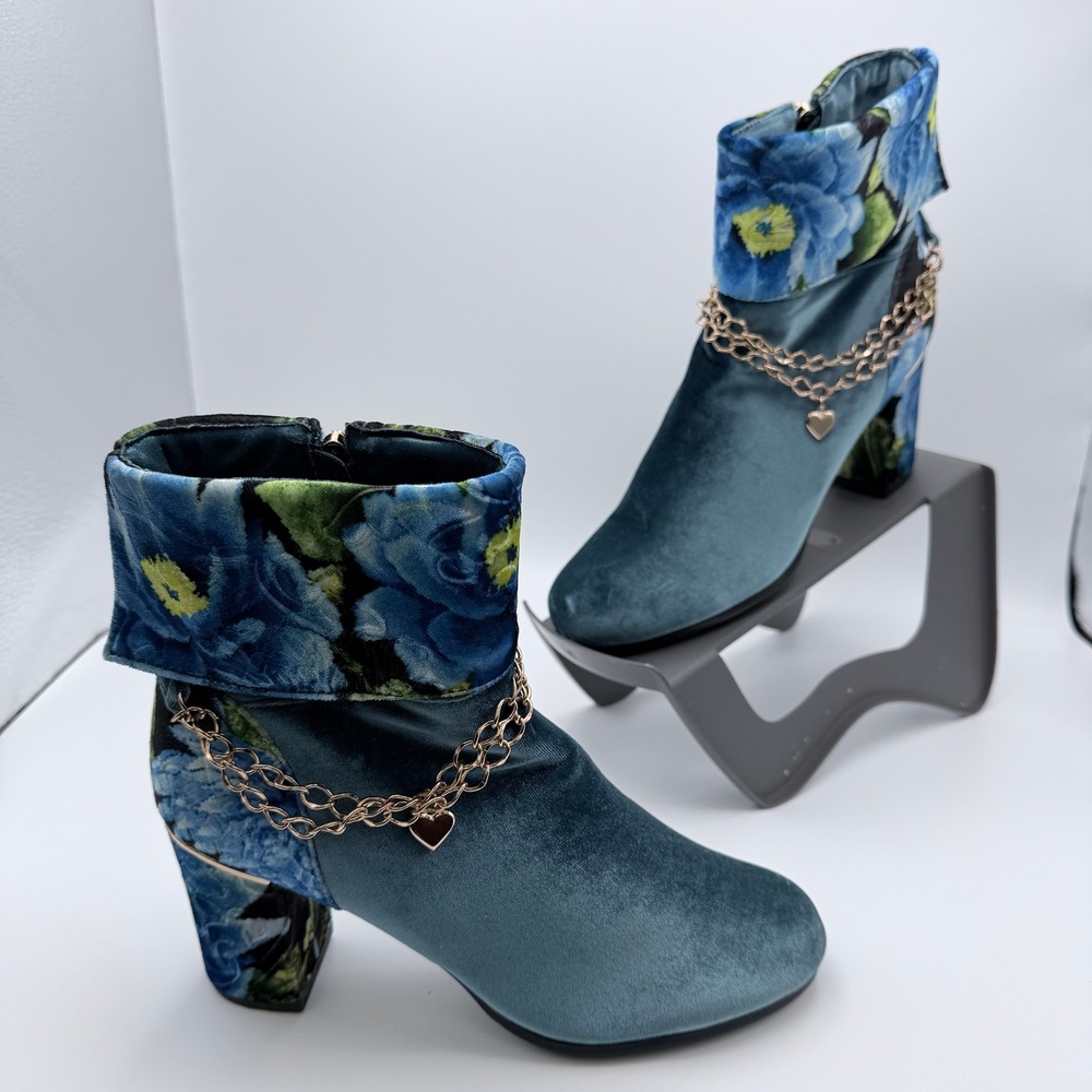 Ashru Teal Blue Velvet Floral Ankle Boots Gold Chain Heart Charm Block Heel 8M